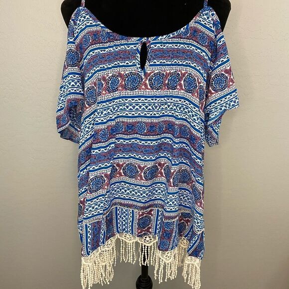 Kori America Women’s Blue Boho Cold Shoulder Top Size Medium - Picture 6 of 6
